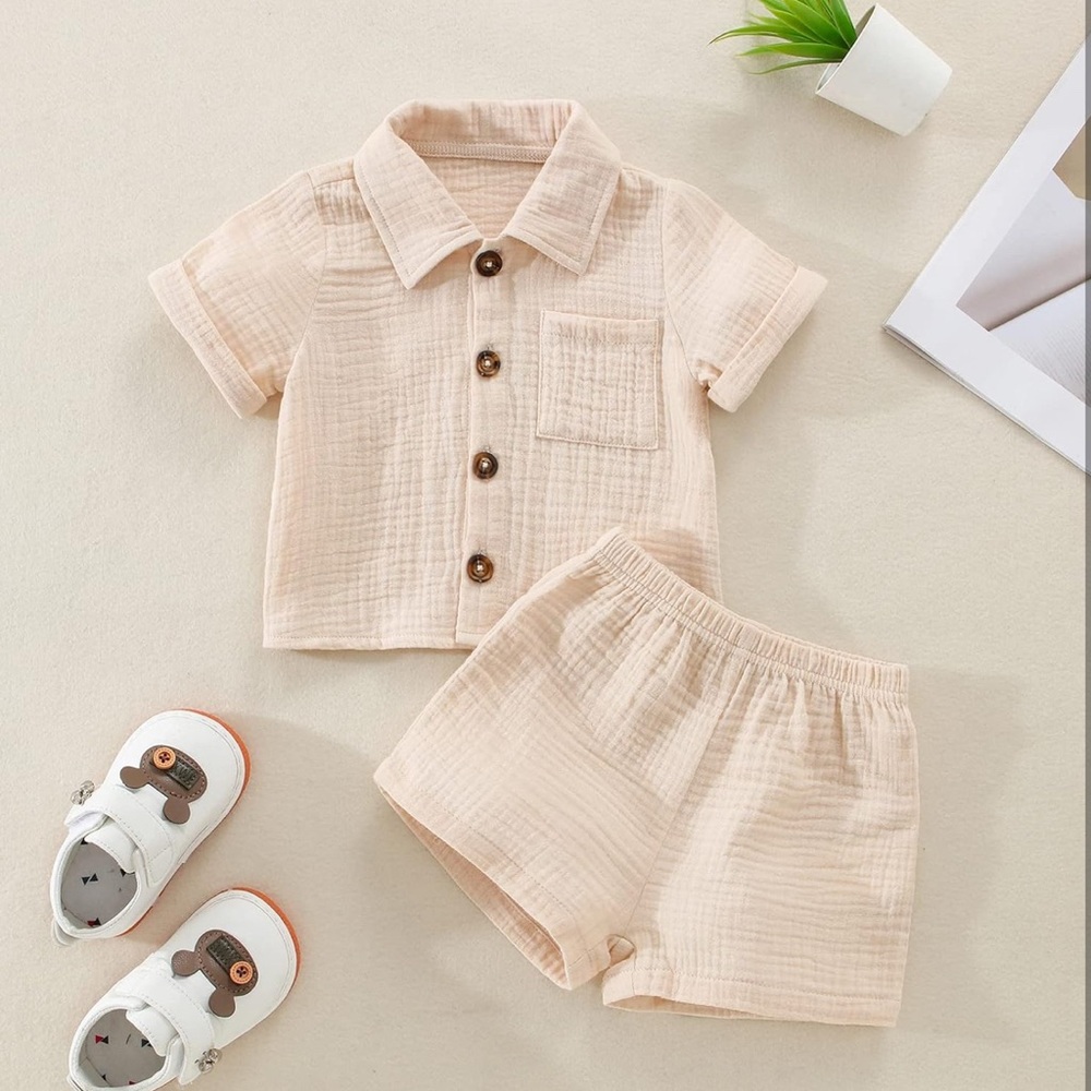 Toddler linen shirt and shorts set in tan